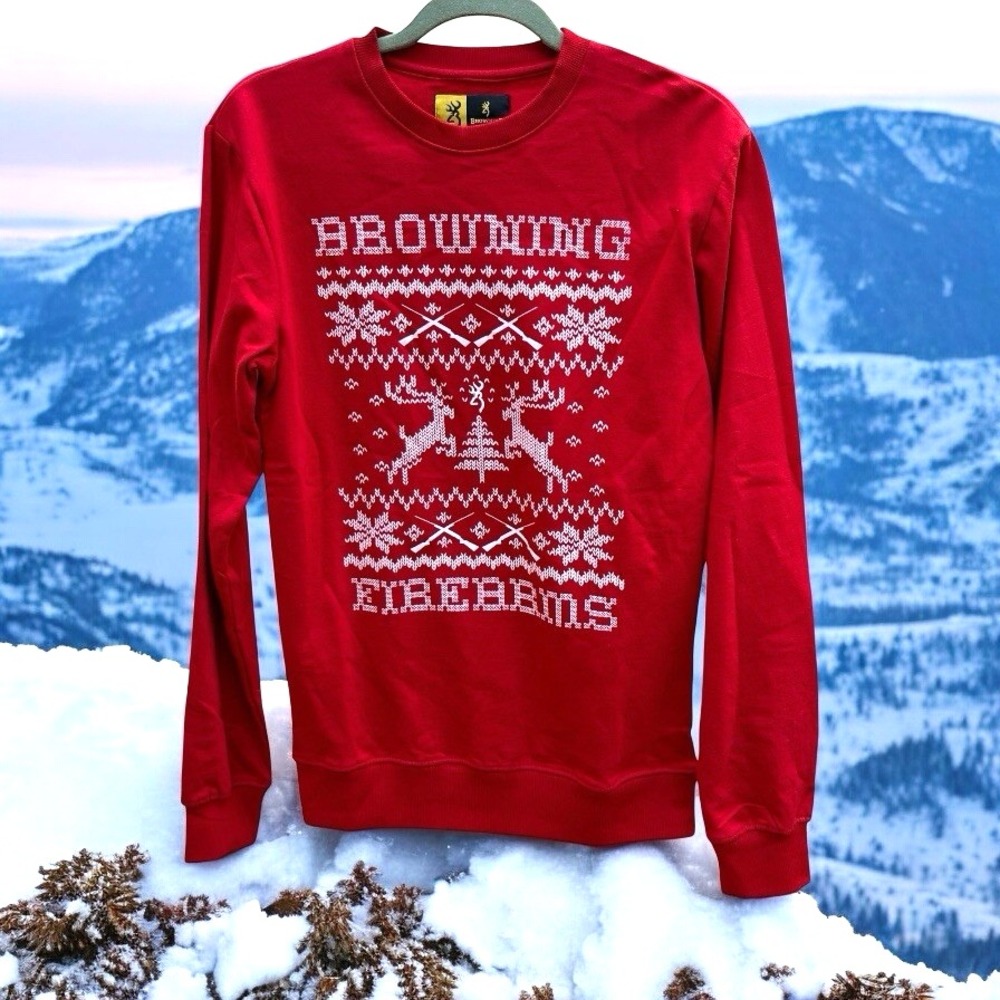 NEW Browning Firearms Men's Crewneck Pullover Christmas‎ Red Sweatshirt- Medium
